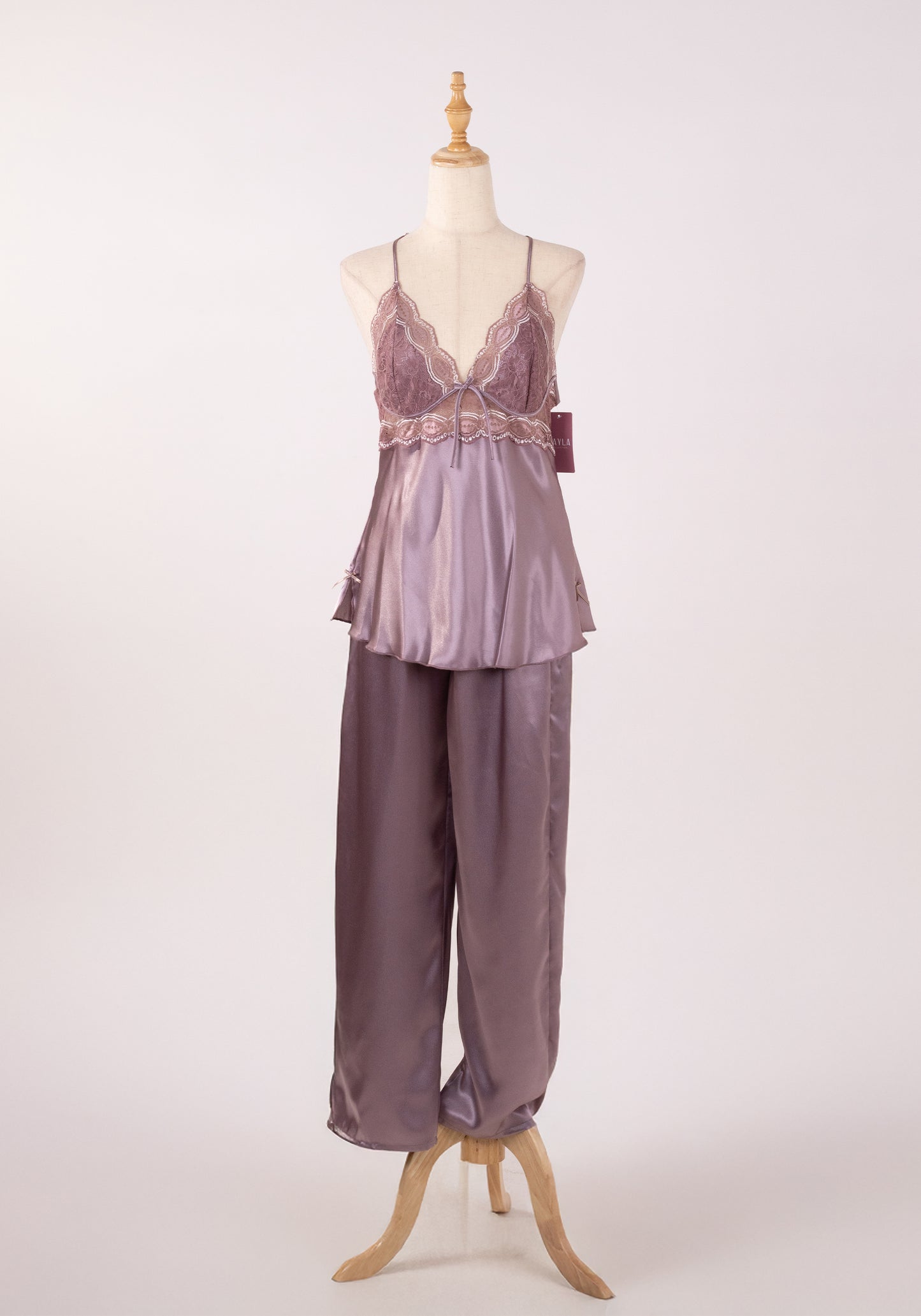 LNGR Satin Shoulder Strap Pajama With Lace Open Back