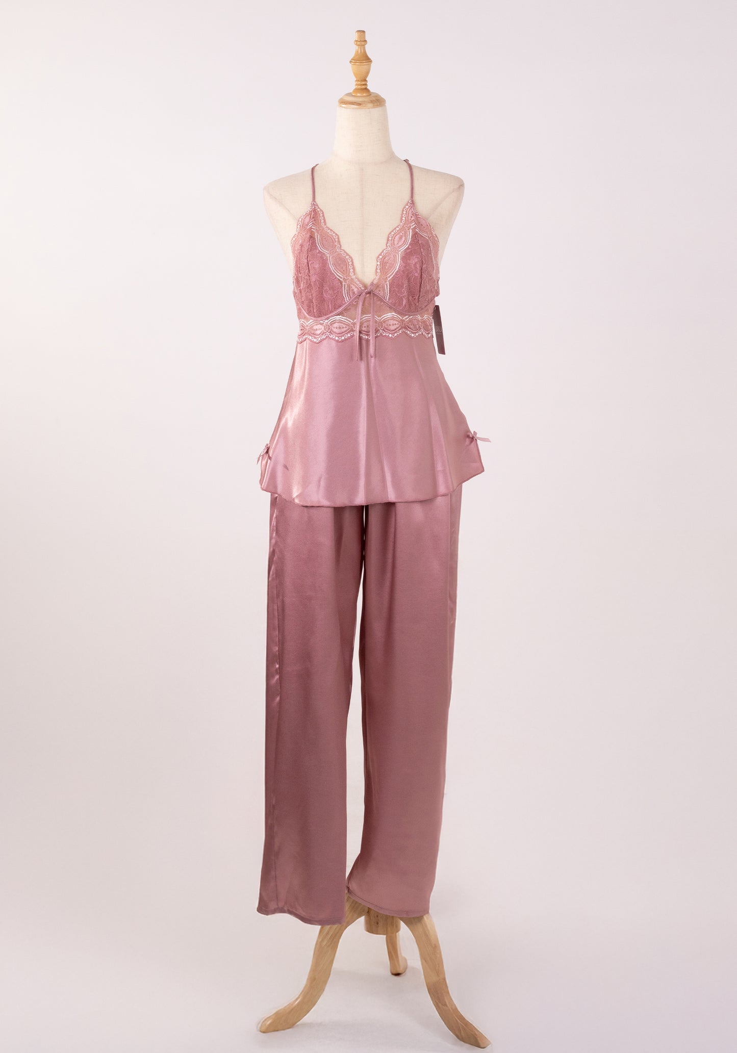 LNGR Satin Shoulder Strap Pajama With Lace Open Back