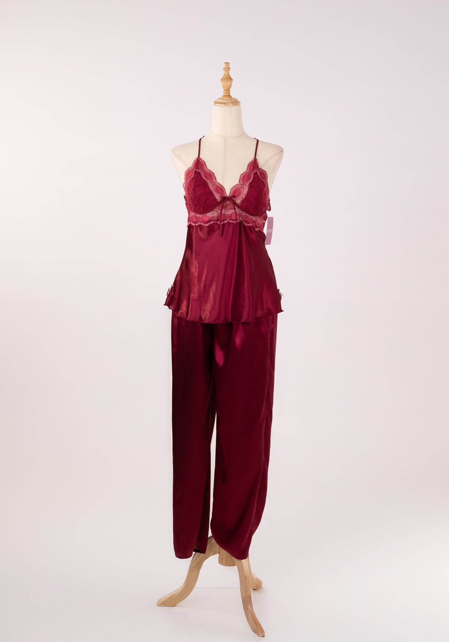 LNGR Satin Shoulder Strap Pajama With Lace Open Back