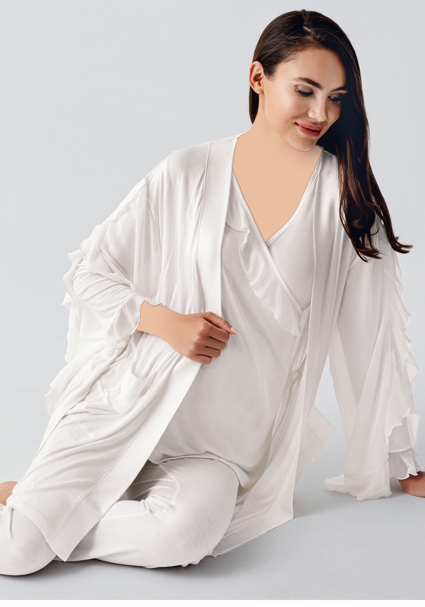 Maternal 3 Piece Satin Shifon Robe Pajamas Set