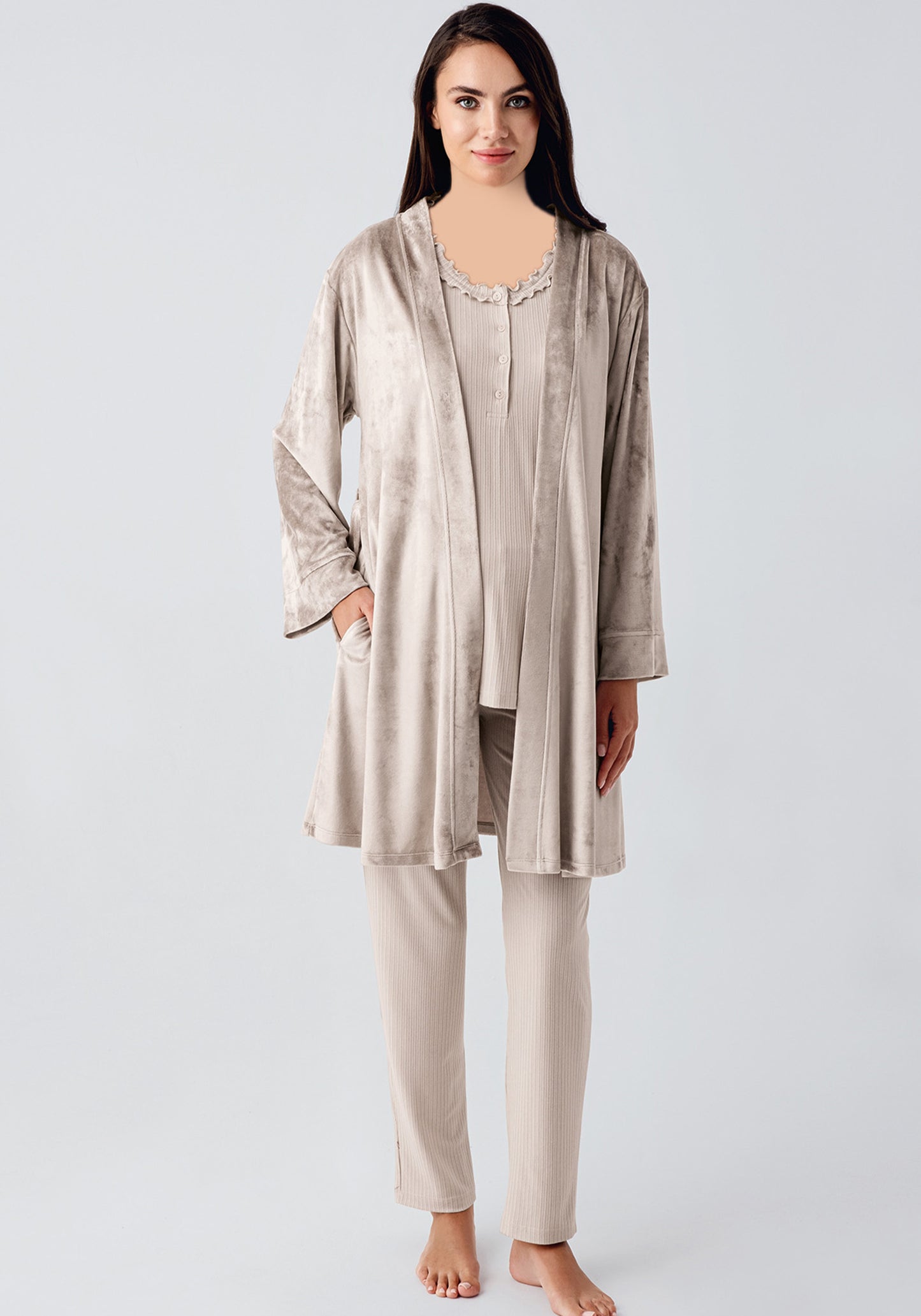 Maternal 3 Piece Velour Robe Pajamas Set