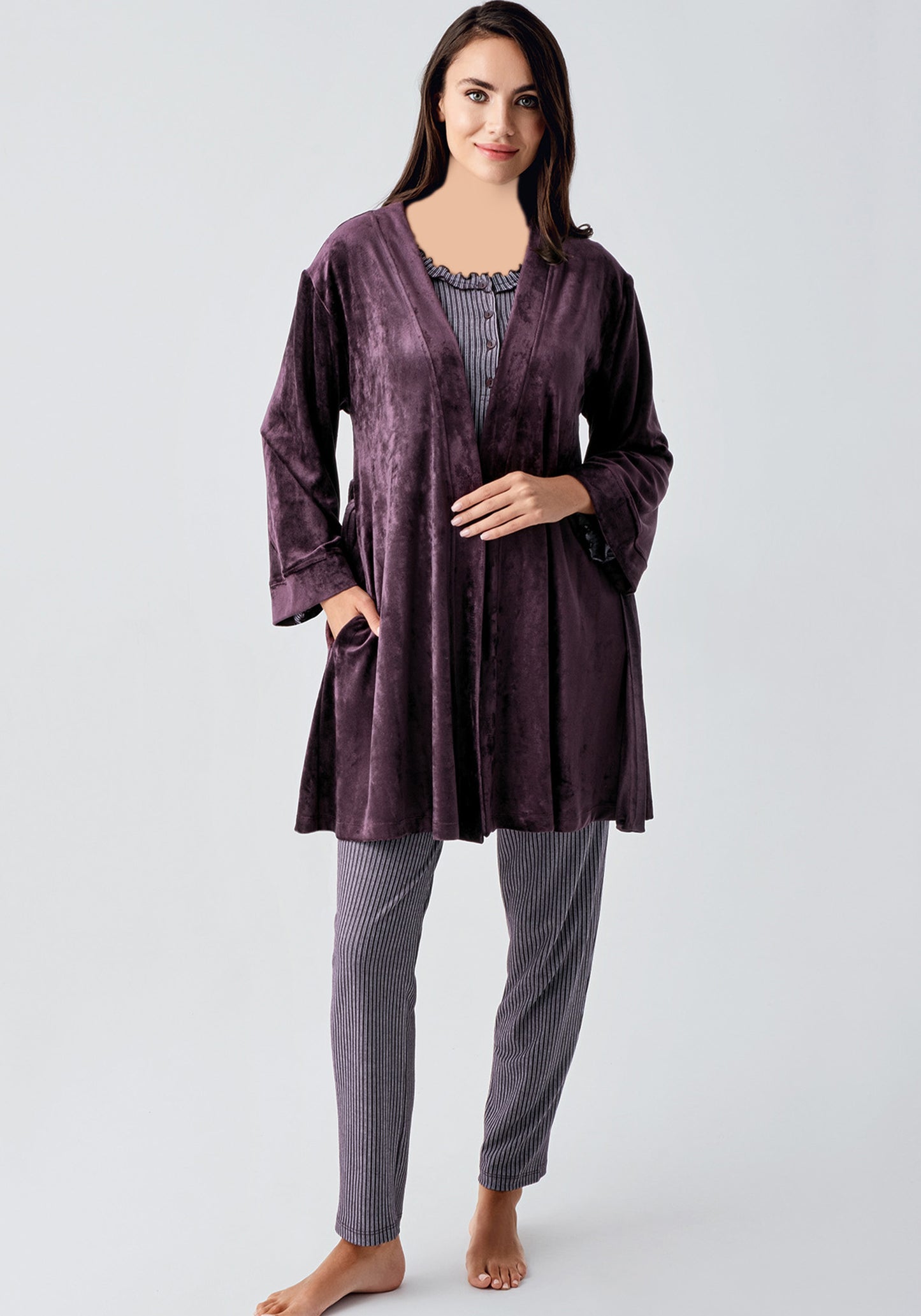 Maternal 3 Piece Velour Robe Pajamas Set