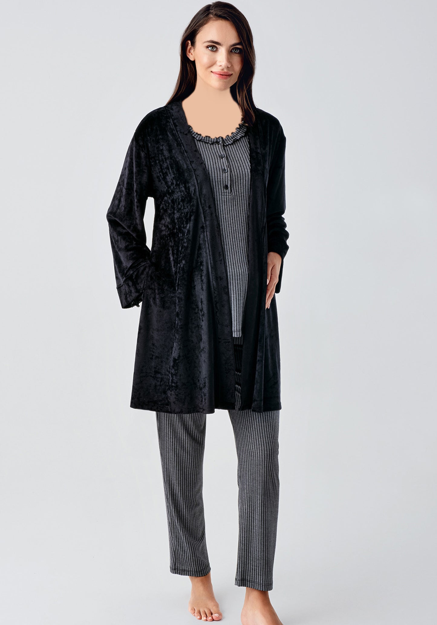 Maternal 3 Piece Velour Robe Pajamas Set