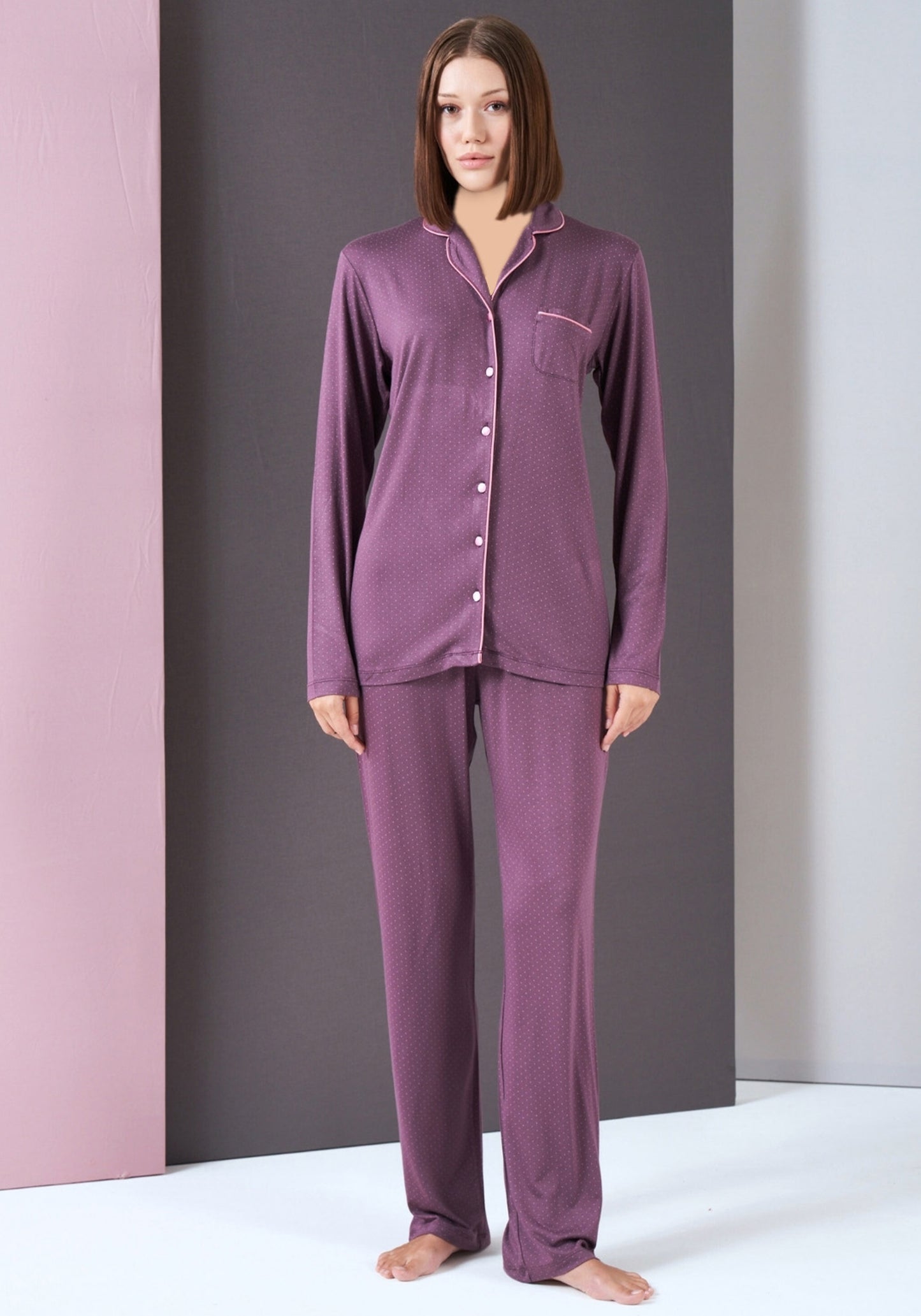 S&L Collar Button Long Sleeve Pajamas