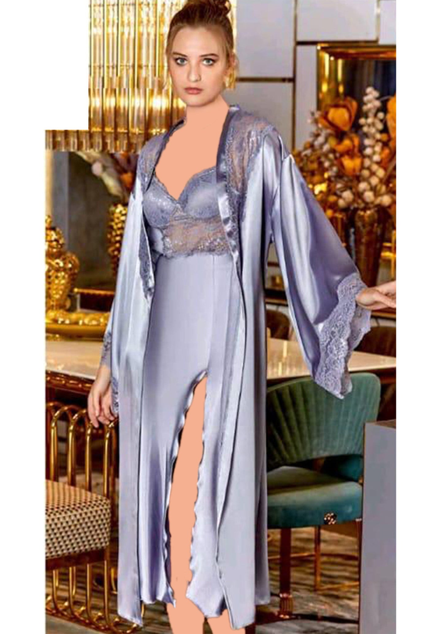 LNGR Satin Long Robe Set