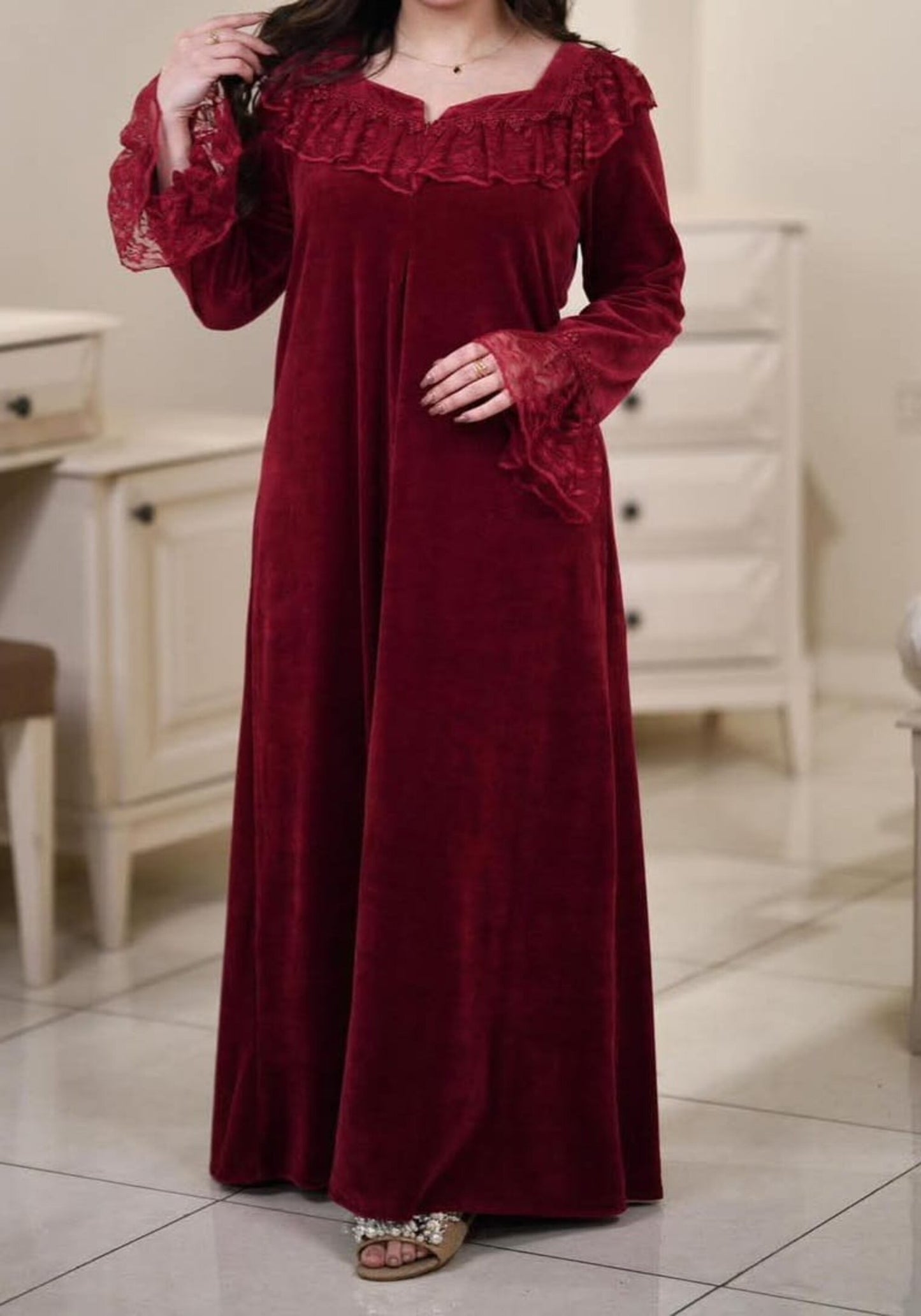 S&L Velour Long Gown With Lace