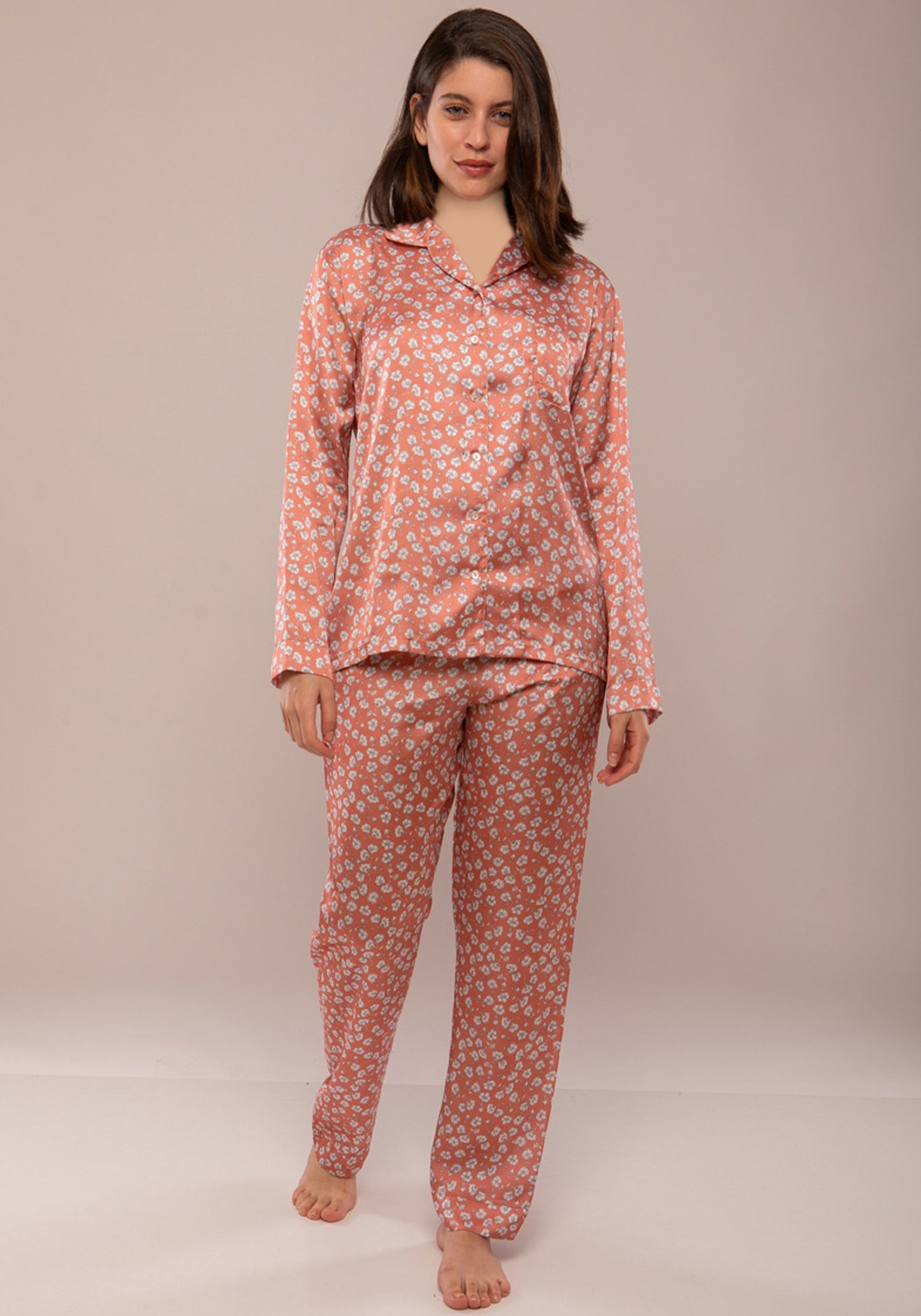 LNGR Satin Collar Button Printed Pajama