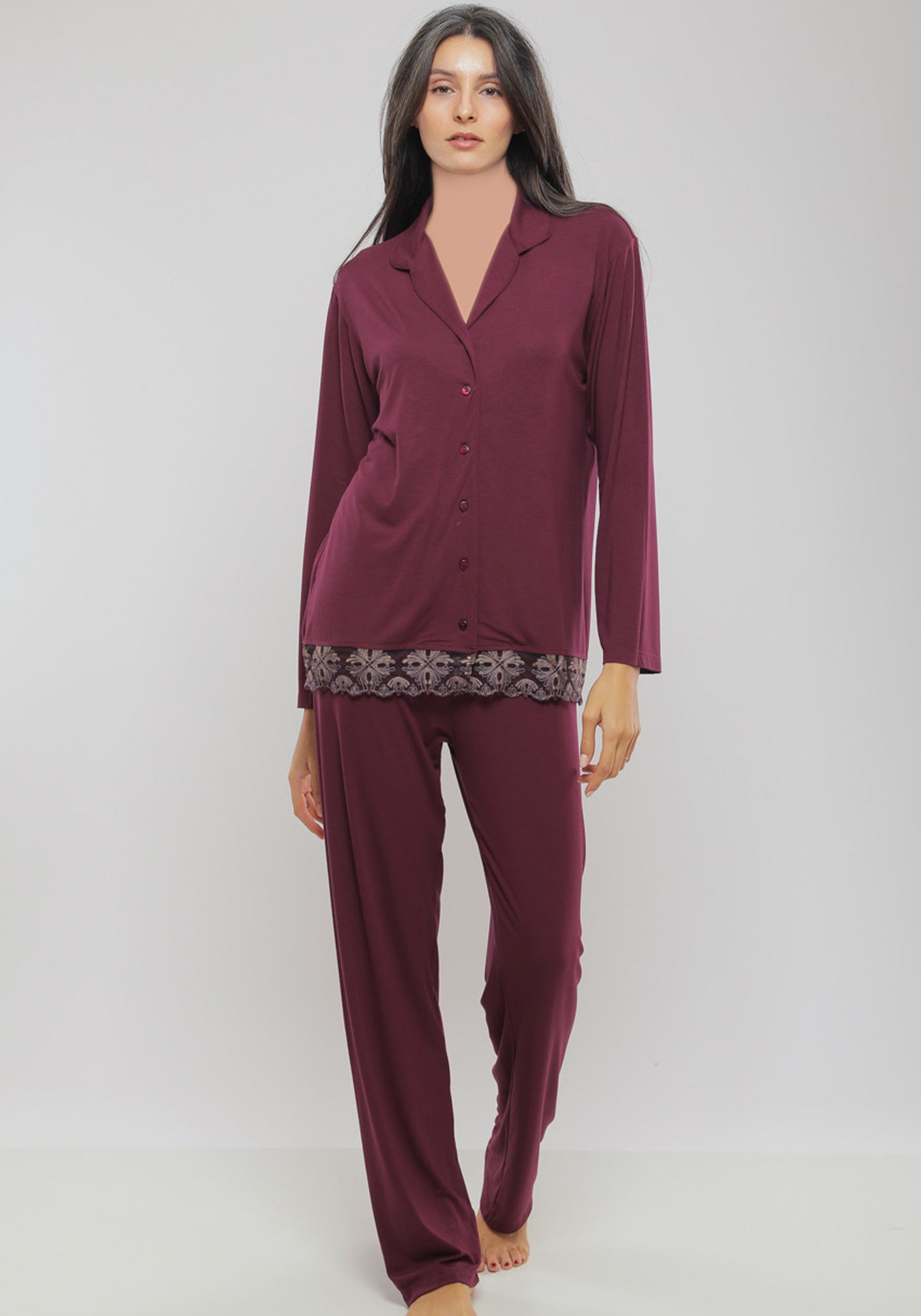 S&L Long Sleeve Lace Collar Button Pajama