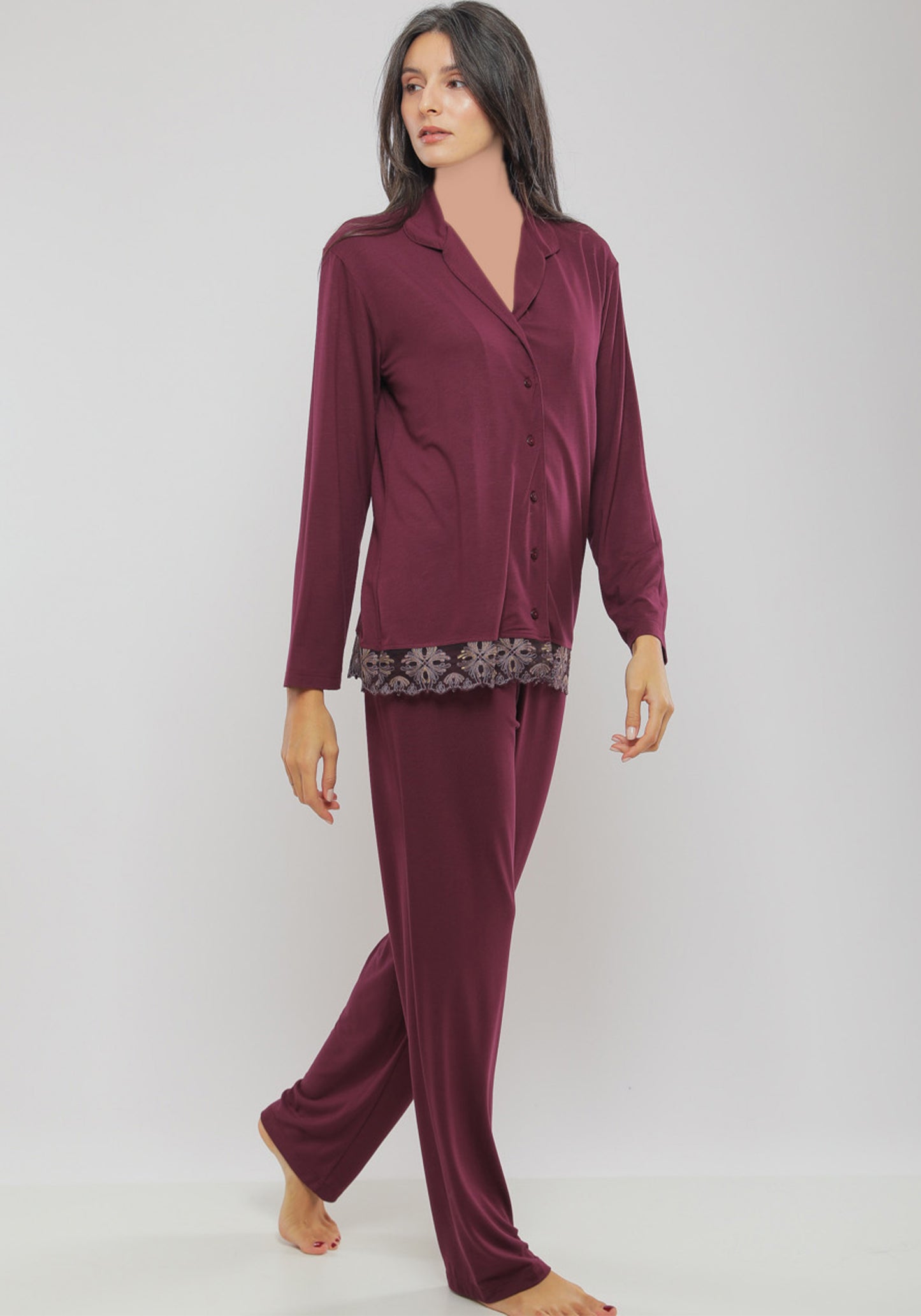 S&L Long Sleeve Lace Collar Button Pajama